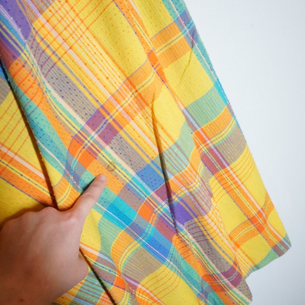 VTG 70s Handmade Plaid Maxi Skirt Yellow Orange Blue Clip Dot Textured Boho XS S - Picture 4 of 8